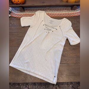 American Eagle Lace Up Ribbed White Tee